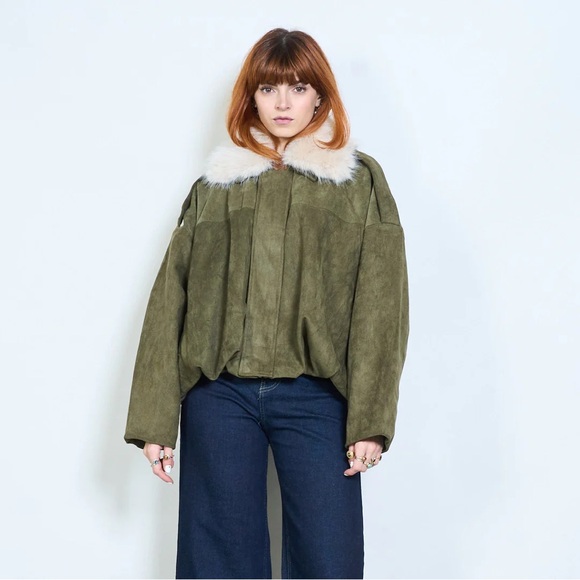 Jackets & Blazers - Olive Green Faux Fur Collar Jacket
